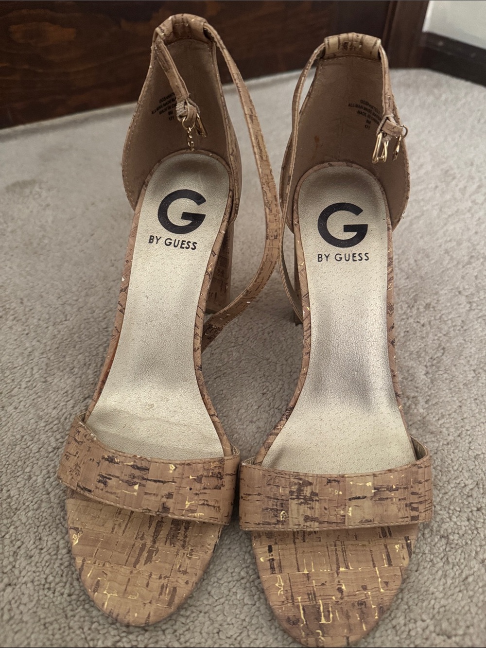 G by Guess Tan Cork Heels with Gold Accents